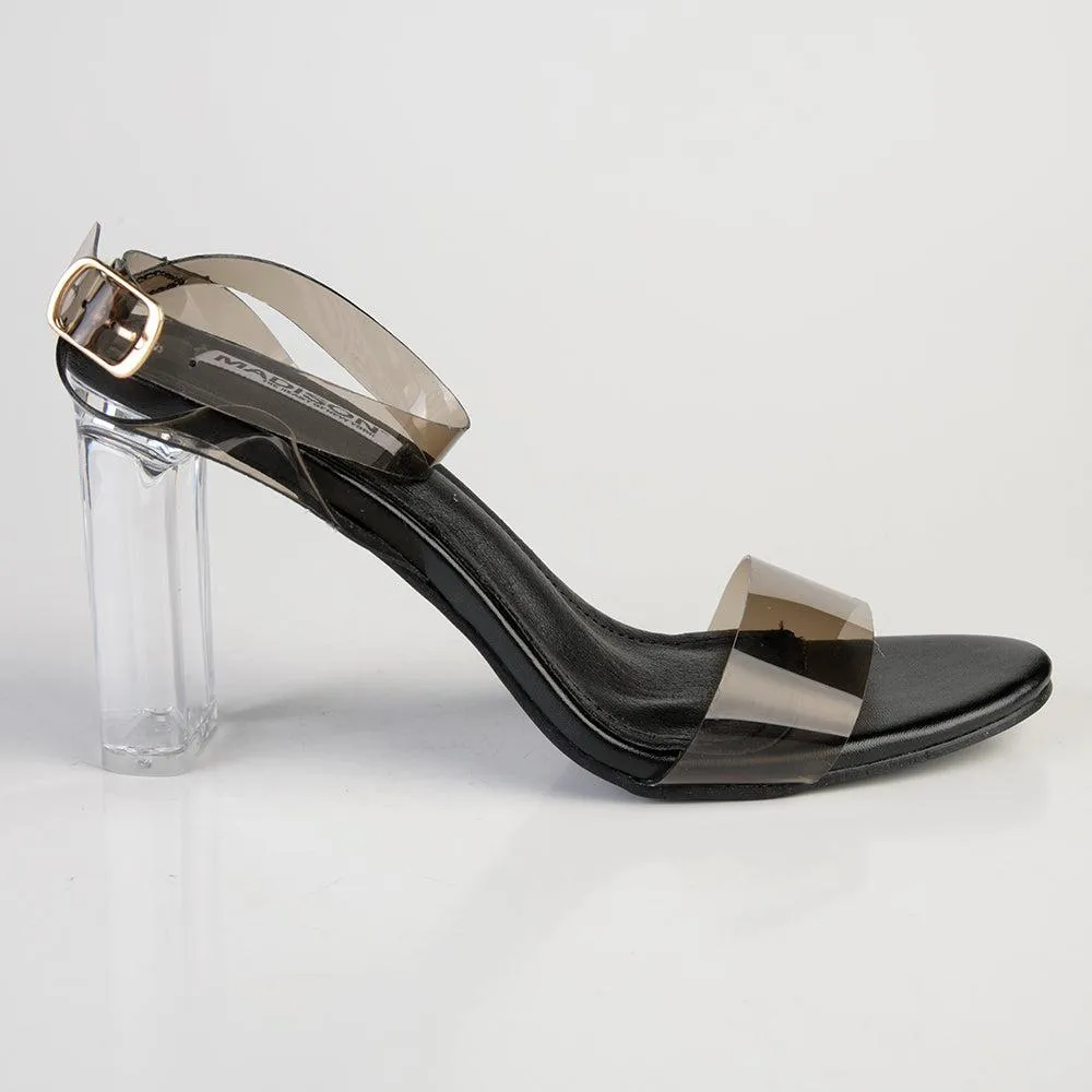 Madison Athena Black Block Heel with Strappy Vinyl Design.