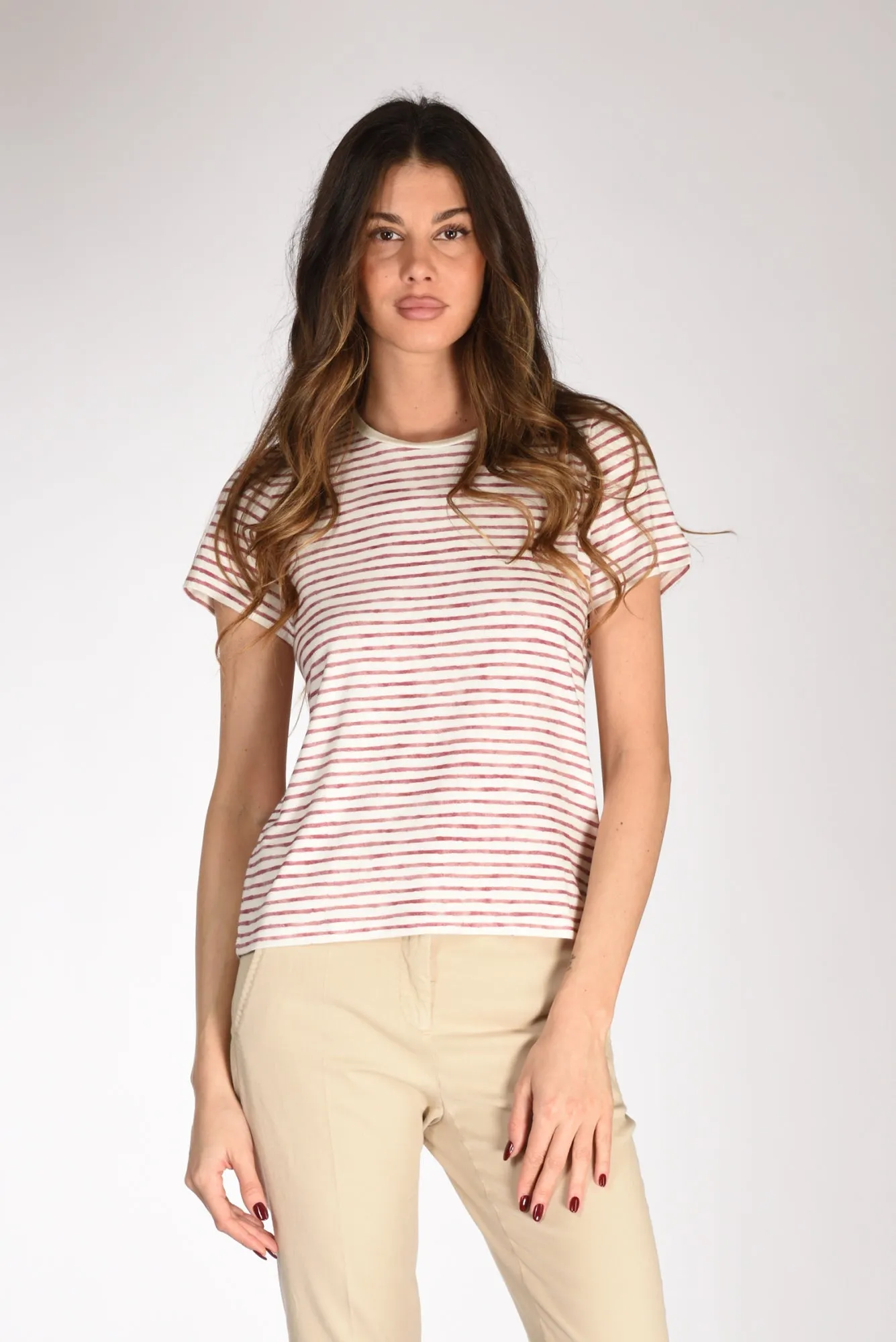 Majestic Filatures Paris Women's White/Bordeaux Striped T-shirt.