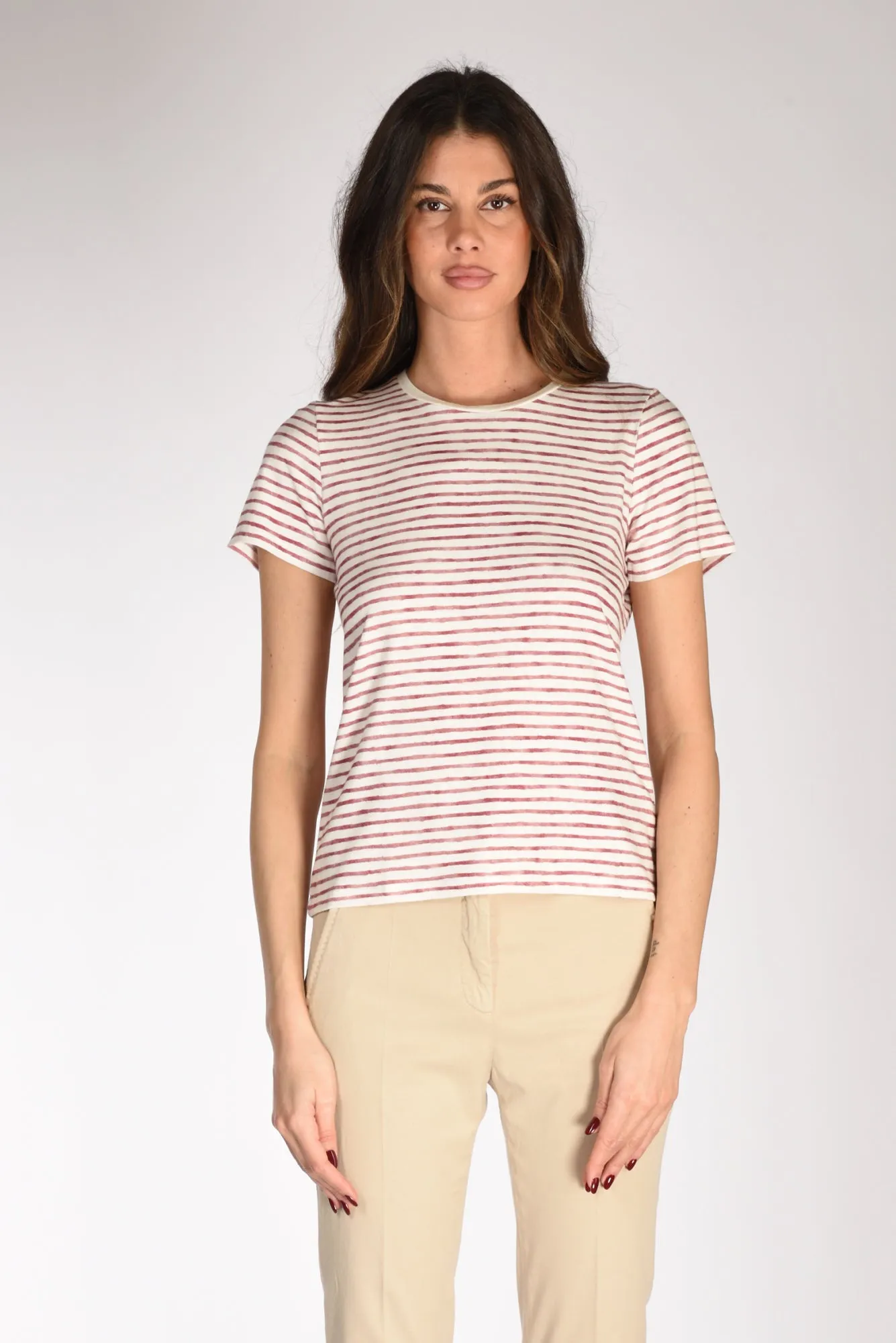 Majestic Filatures Paris Women's White/Bordeaux Striped T-shirt.