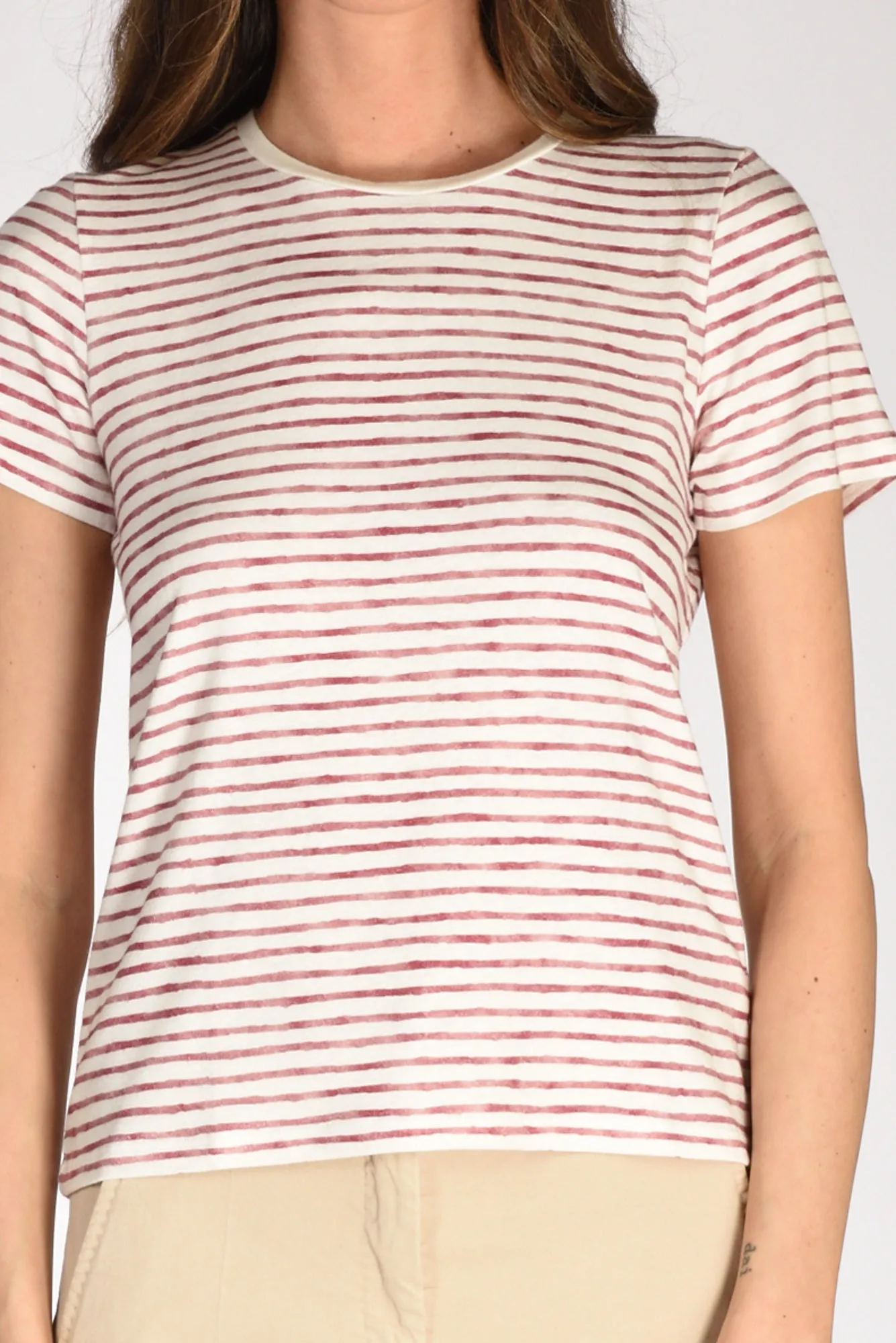 Majestic Filatures Paris Women's White/Bordeaux Striped T-shirt.