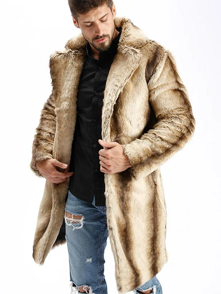 Men's Faux Fur Camel Two-Tone Notch Collar Long Sleeve Winter Overcoat