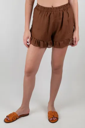 Motel - Linen Shorts with Elastic Waist and Ruffle Hem