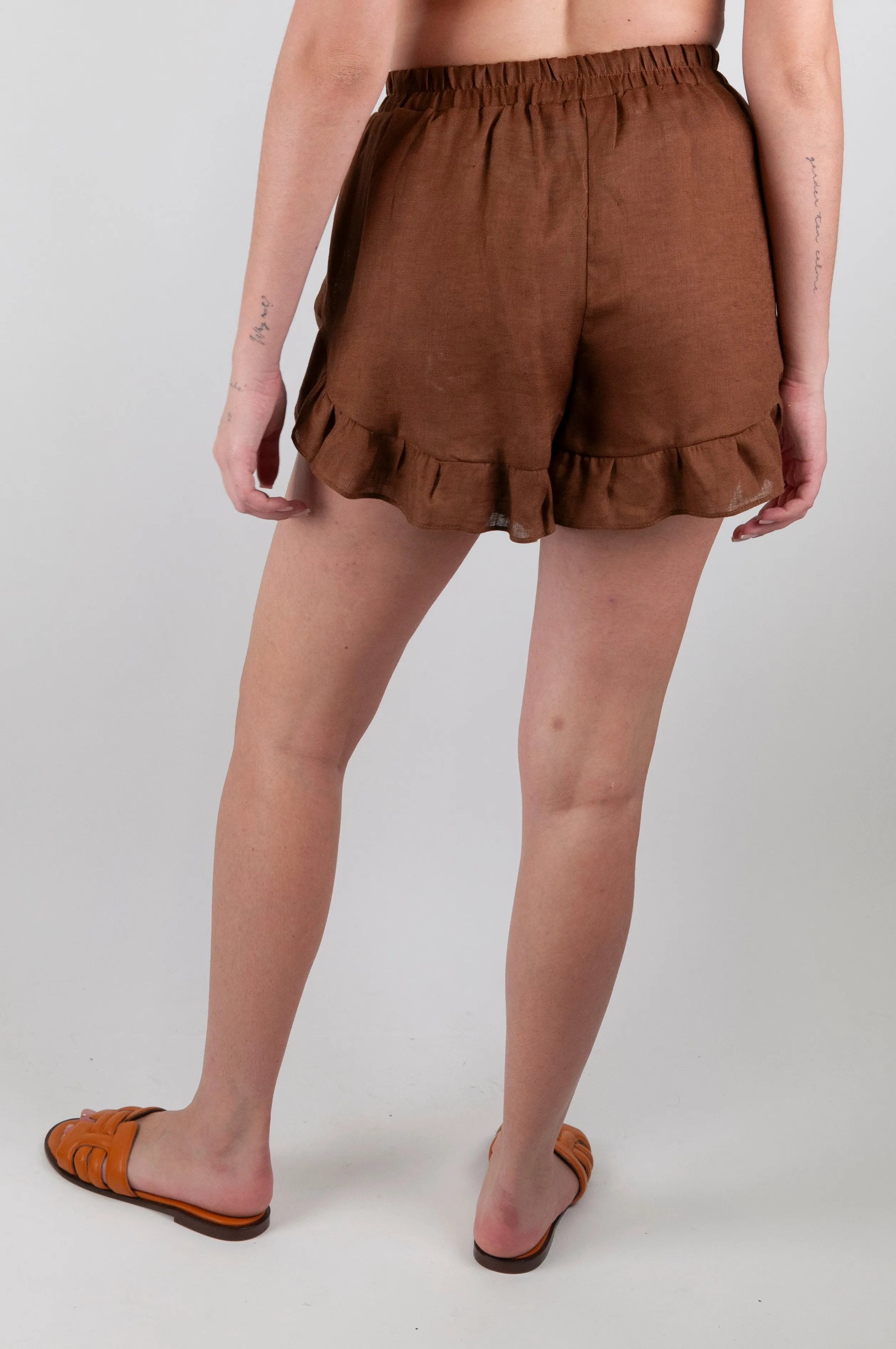 Motel - Linen Shorts with Elastic Waist and Ruffle Hem