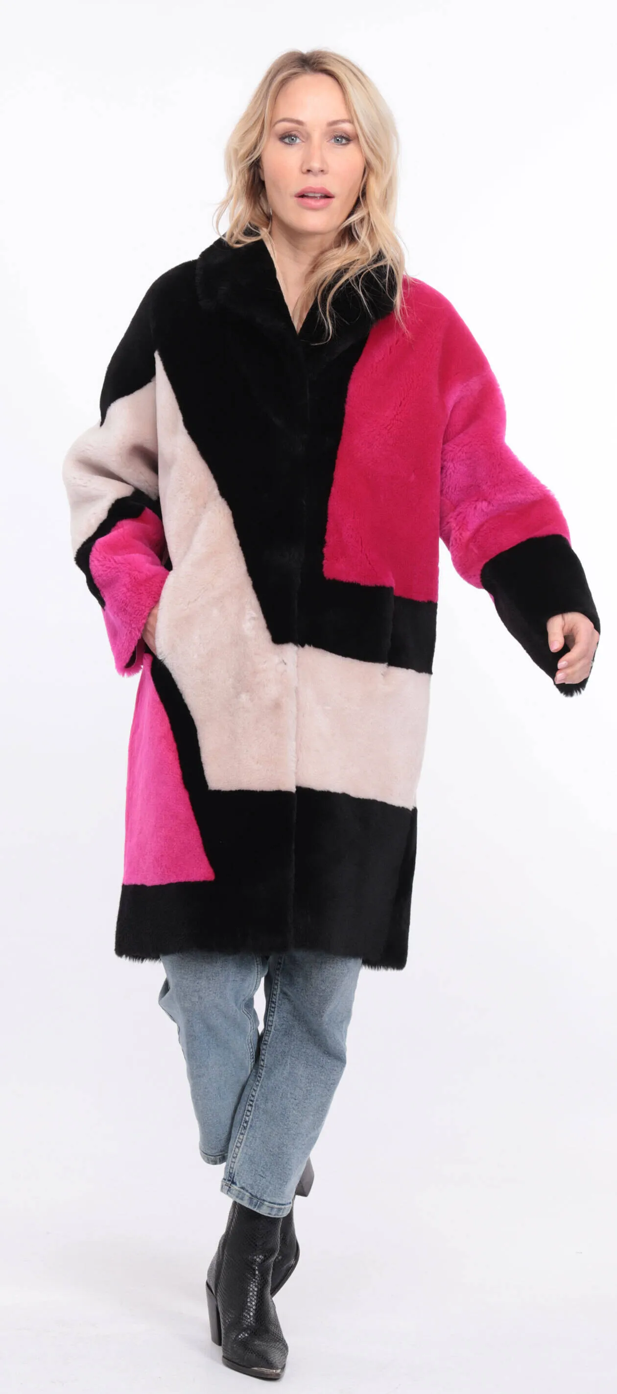 Multicolor grena sheepskin coat for women.