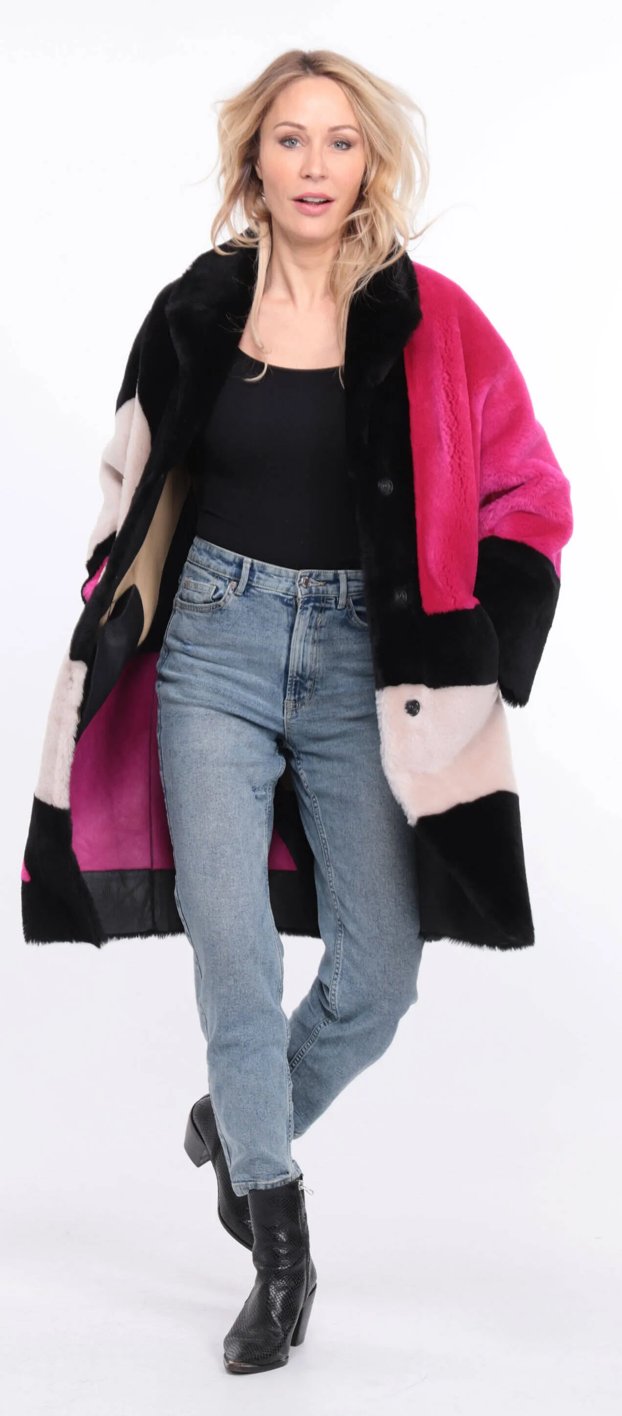 Multicolor grena sheepskin coat for women.