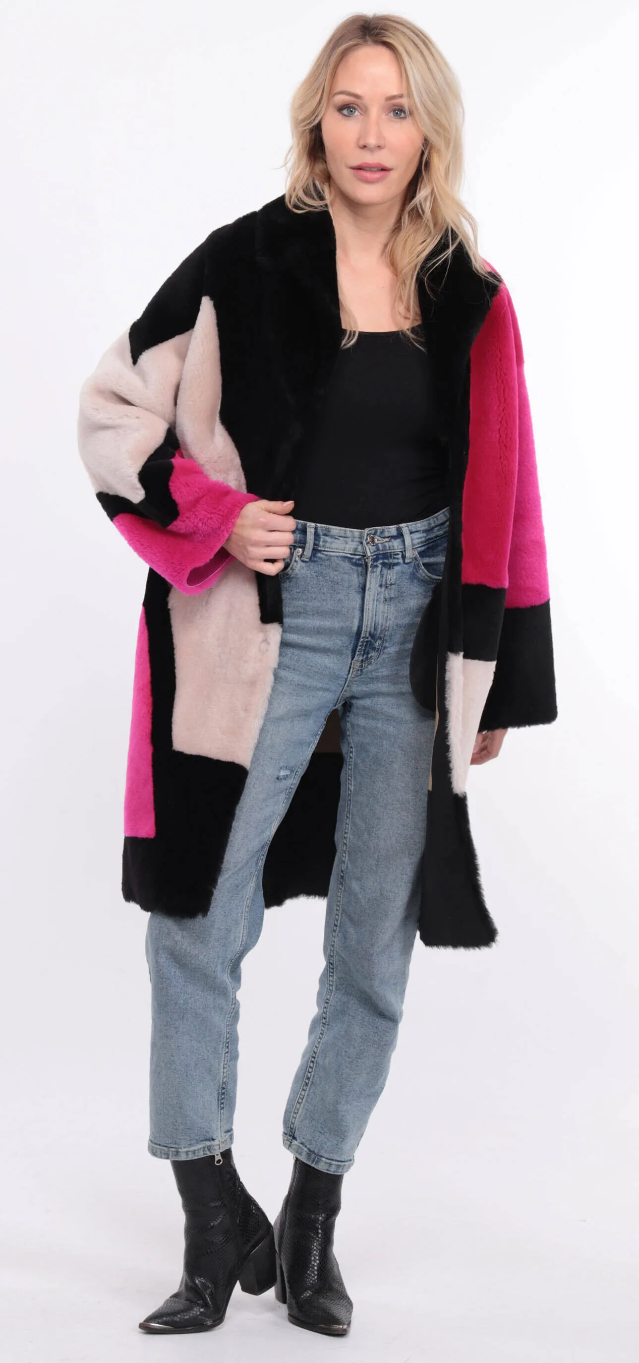 Multicolor grena sheepskin coat for women.