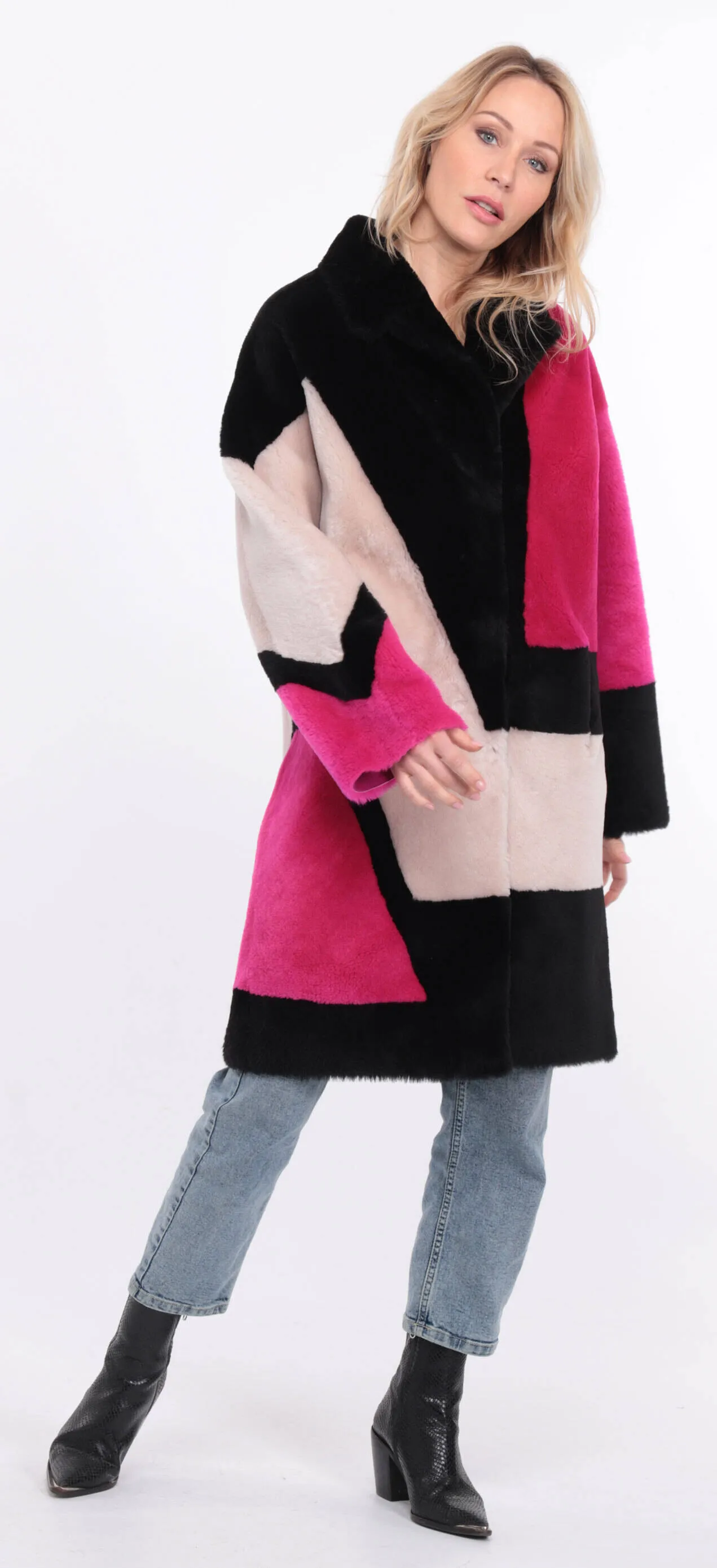 Multicolor grena sheepskin coat for women.