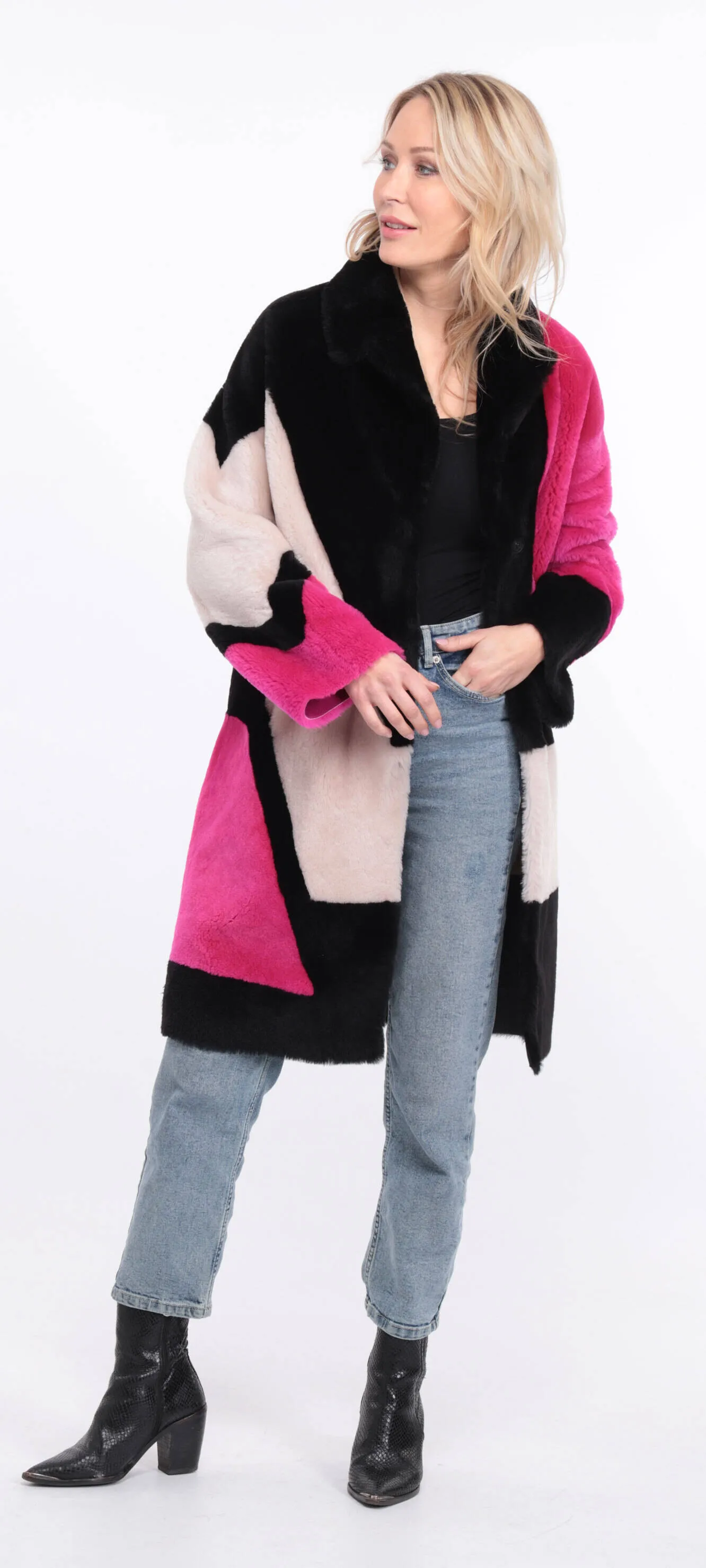 Multicolor grena sheepskin coat for women.