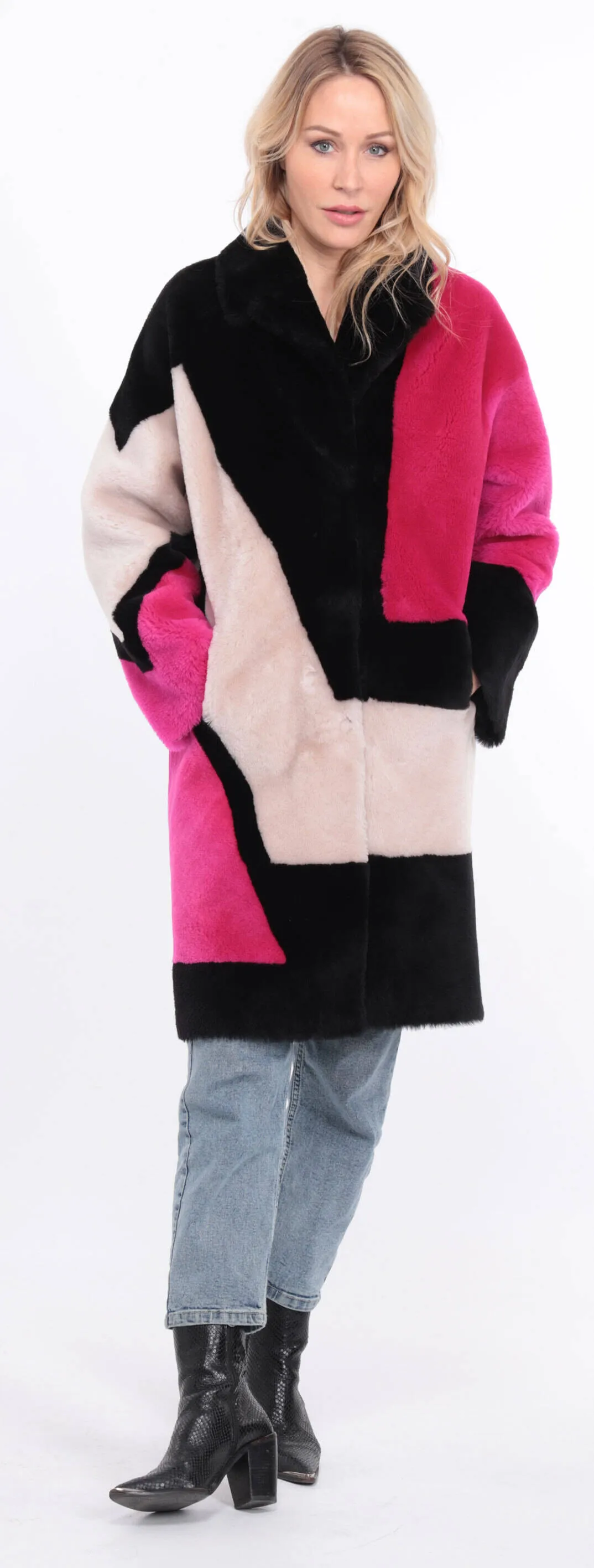 Multicolor grena sheepskin coat for women.