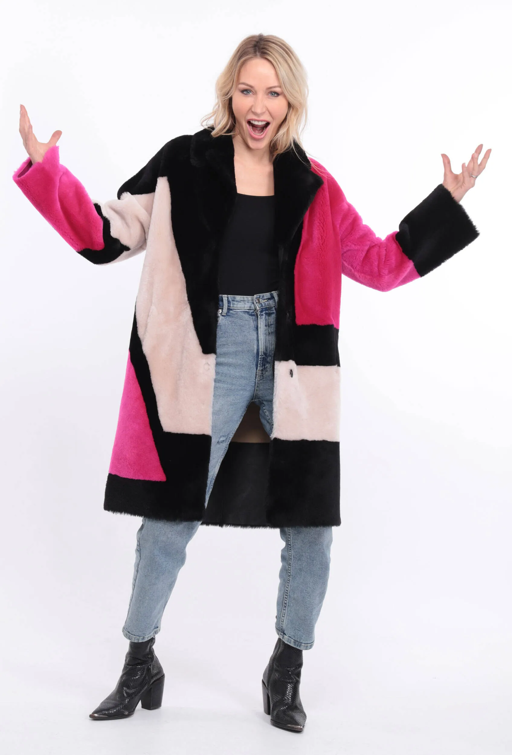 Multicolor grena sheepskin coat for women.