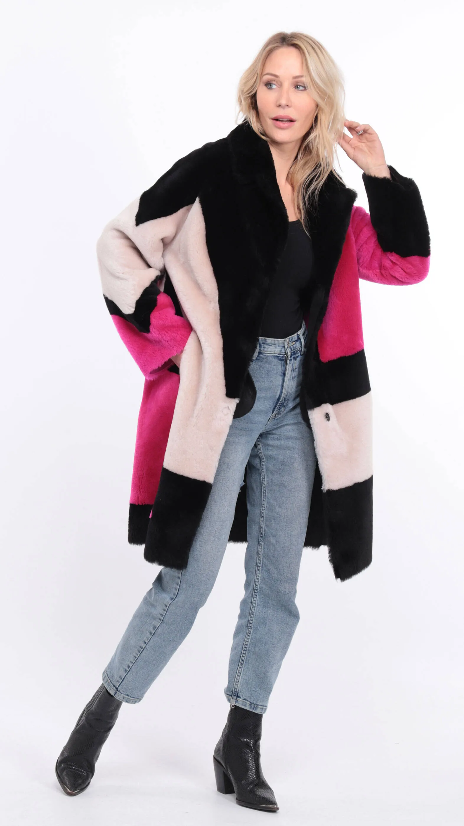 Multicolor grena sheepskin coat for women.