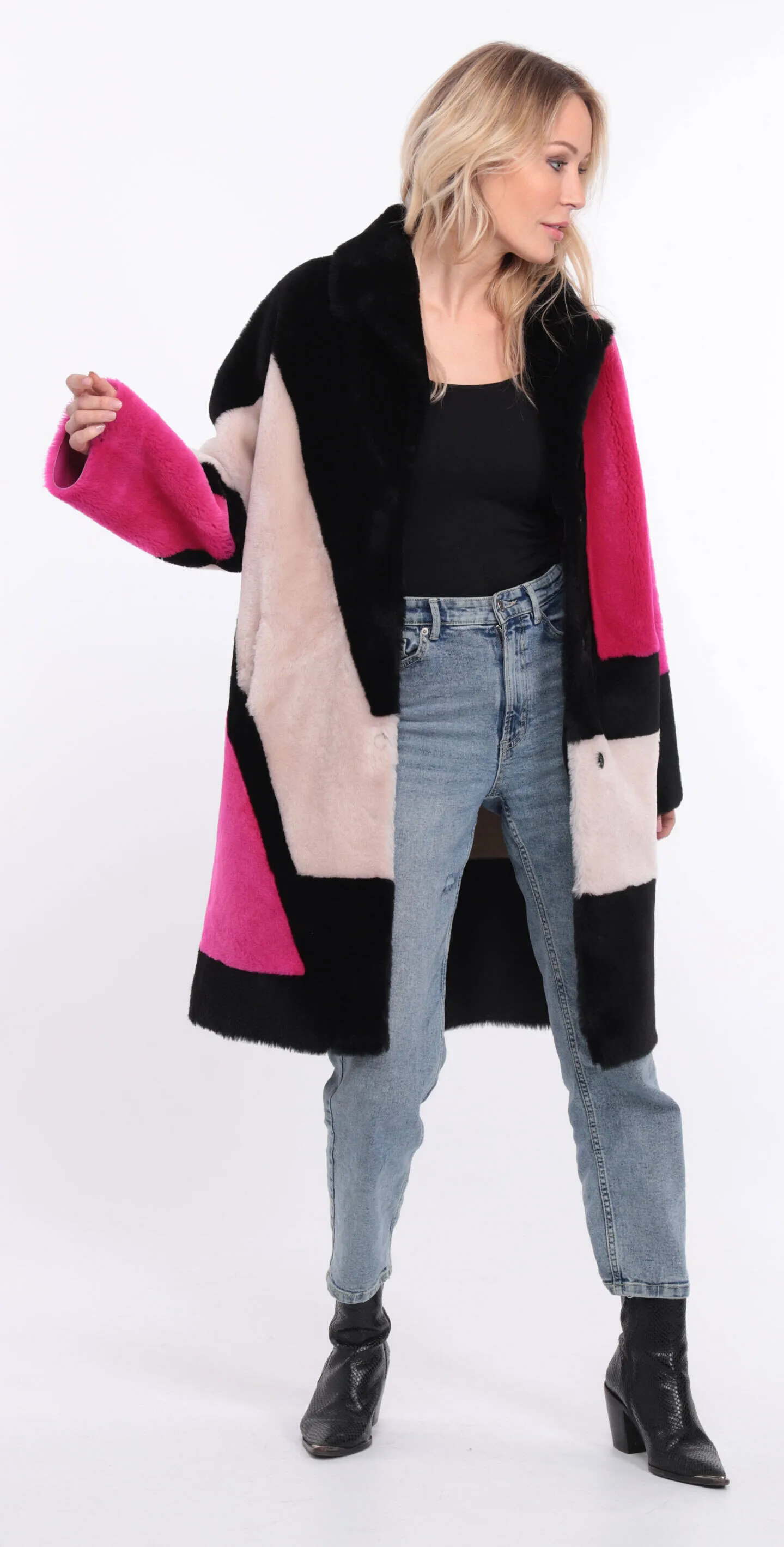 Multicolor grena sheepskin coat for women.