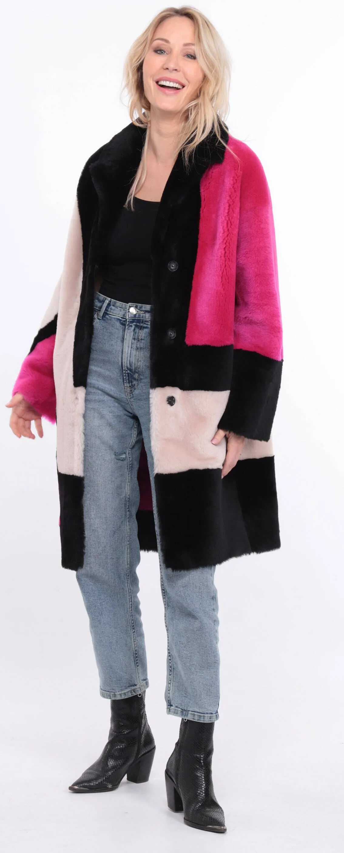 Multicolor grena sheepskin coat for women.