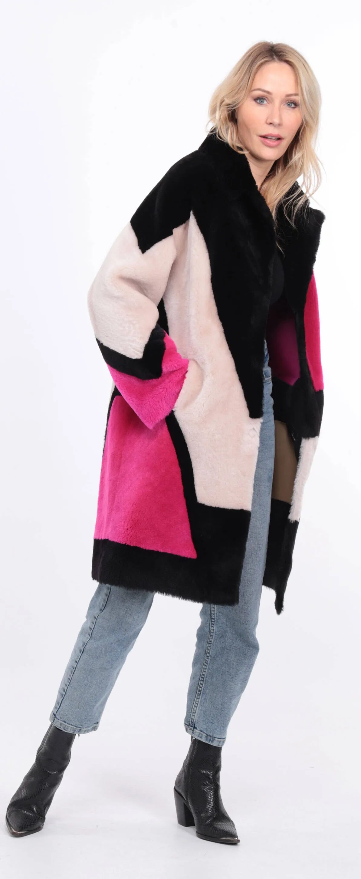 Multicolor grena sheepskin coat for women.