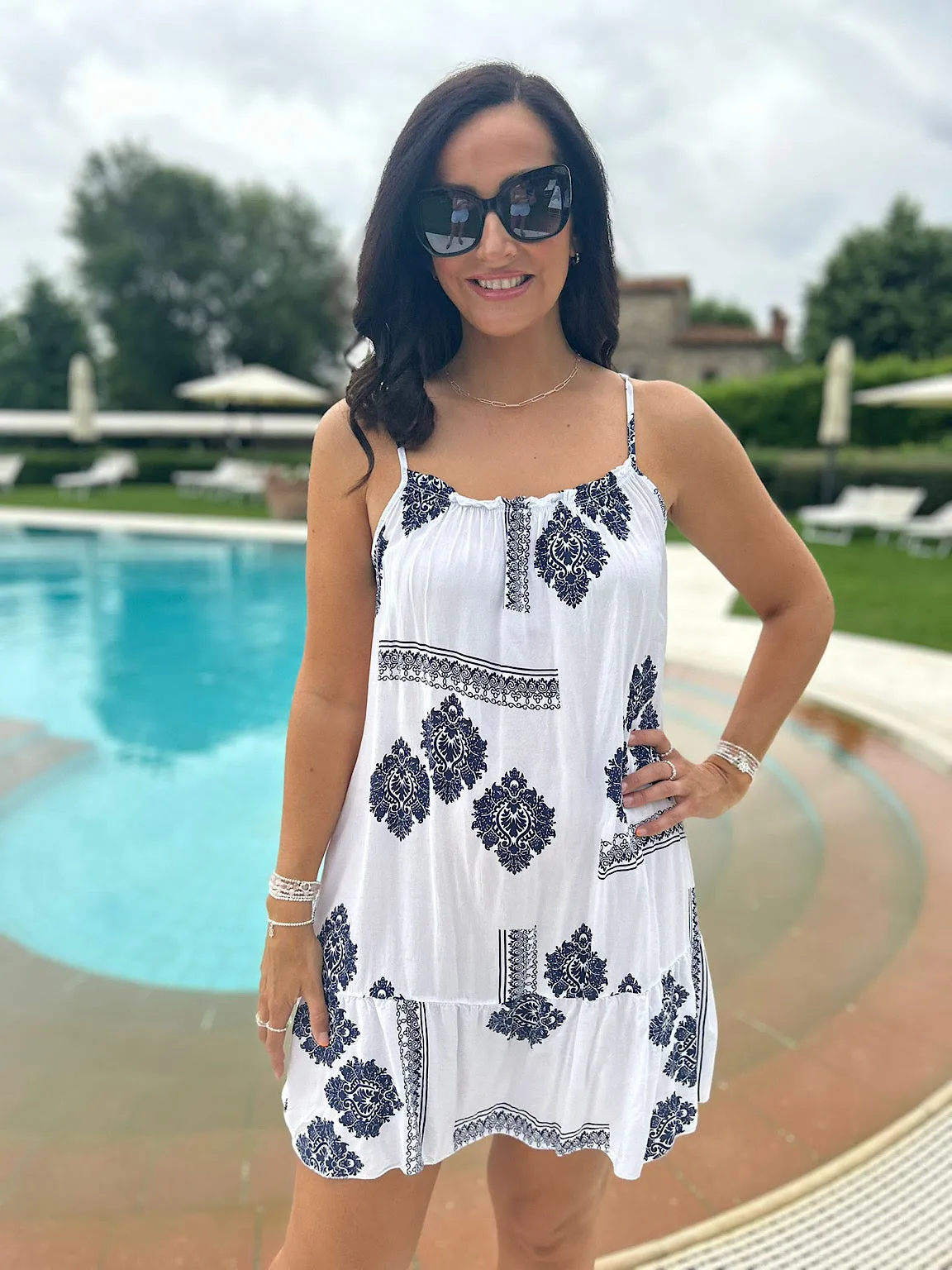 Navy Damask Print Strappy Dress Thea