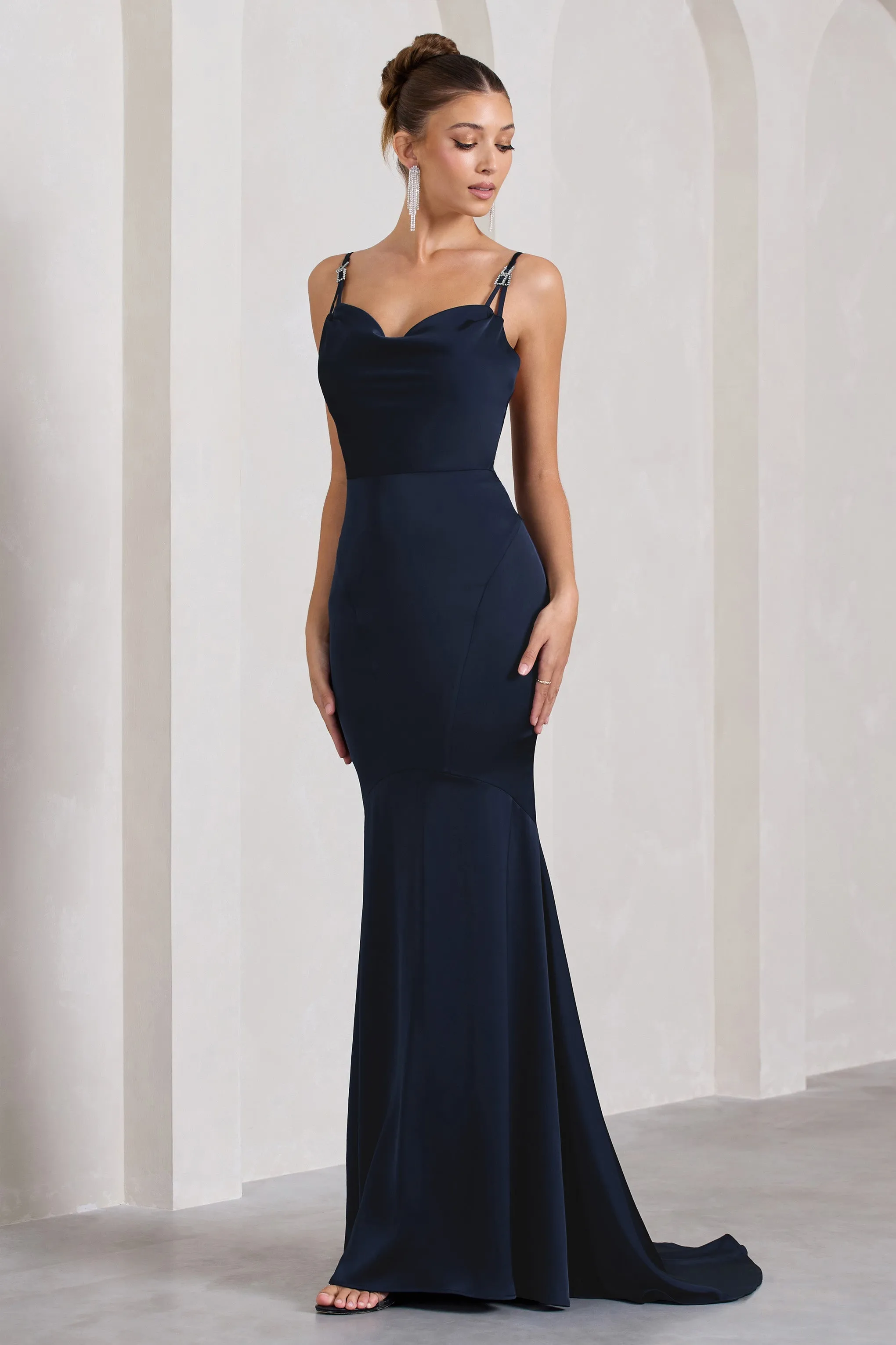 Navy Satin Fishtail Maxi Dress | Handcrafted with Love