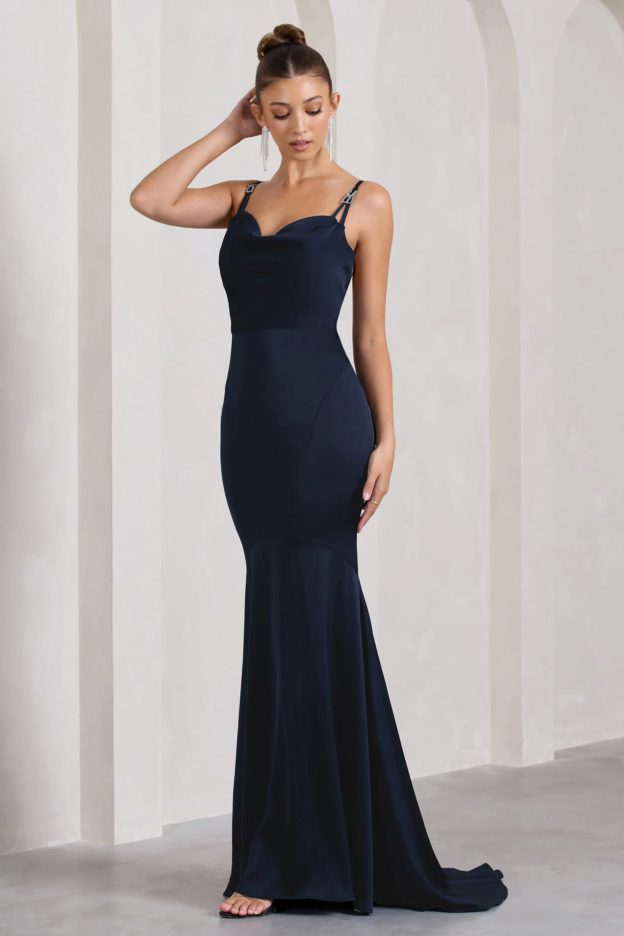 Navy Satin Fishtail Maxi Dress | Handcrafted with Love