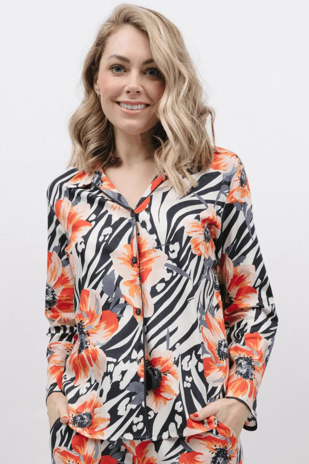 Nicole Animal Print Pajama Top, Long Sleeve, Floral Pattern.