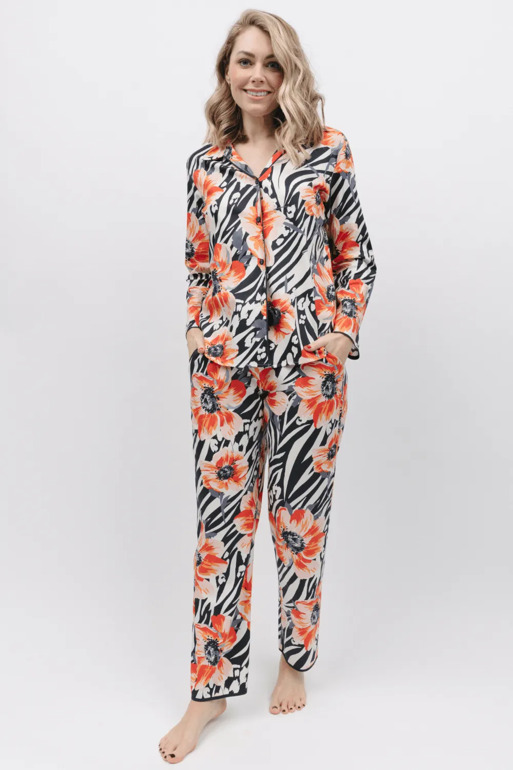 Nicole Animal Print Pajama Top, Long Sleeve, Floral Pattern.