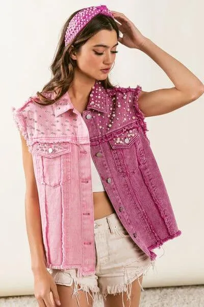 Pearl and Rhinestone Embellished Contrast Vest Coat with Raw Hem