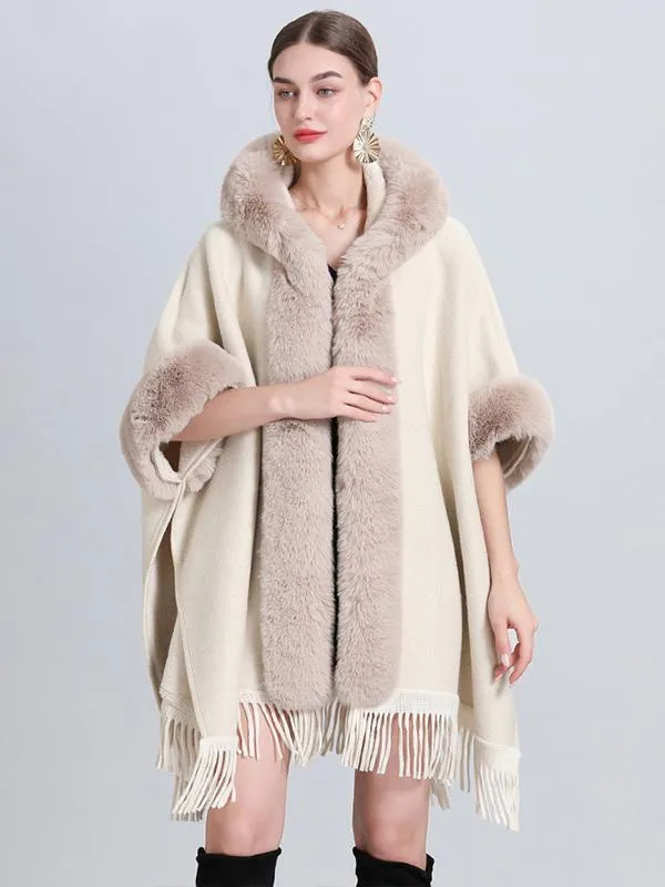 Plaid Fringe Hooded Poncho Coat for Winter Festive Outerwear