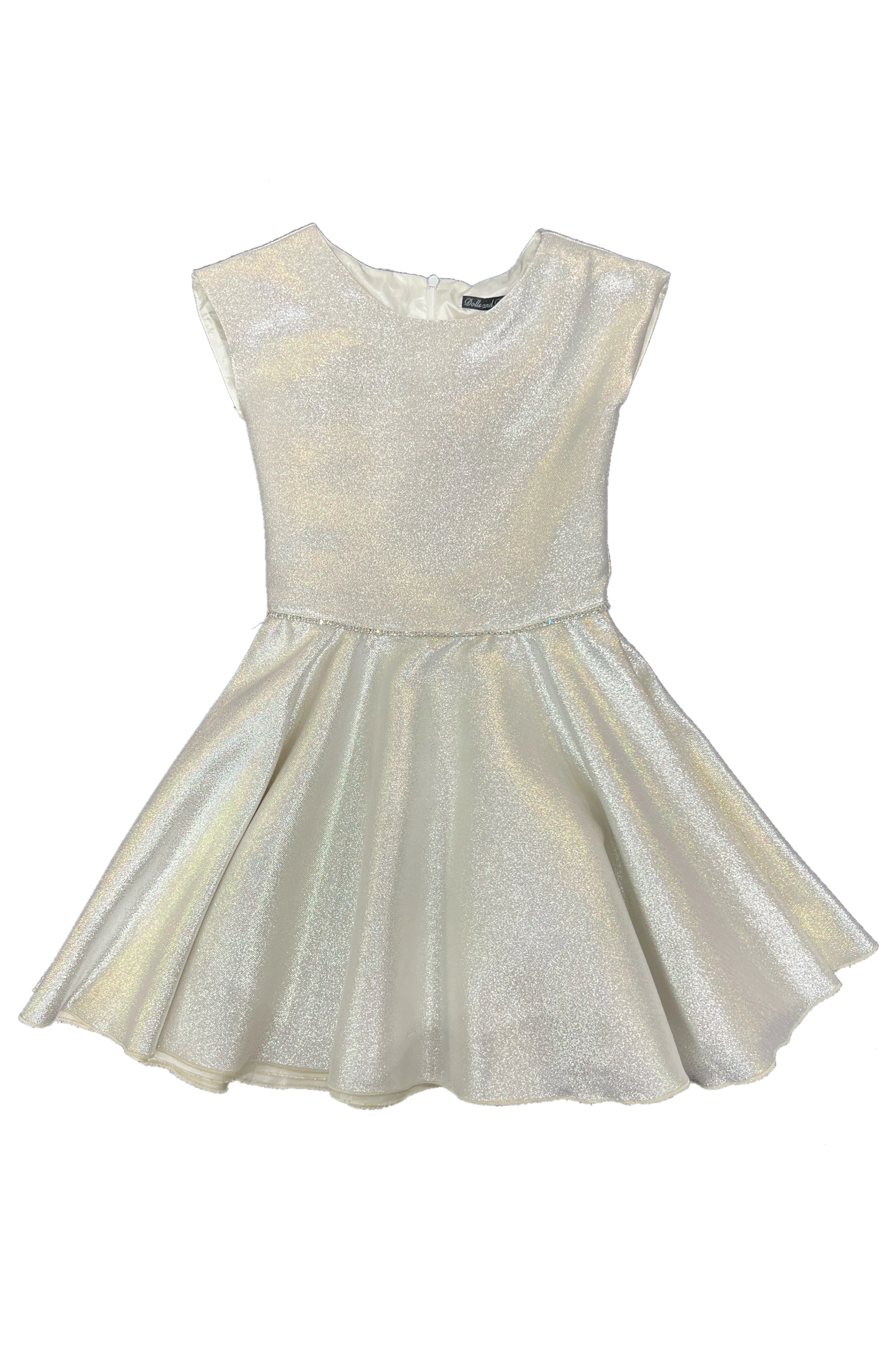 Platinum cap sleeve skater dress in jacquard fabric.