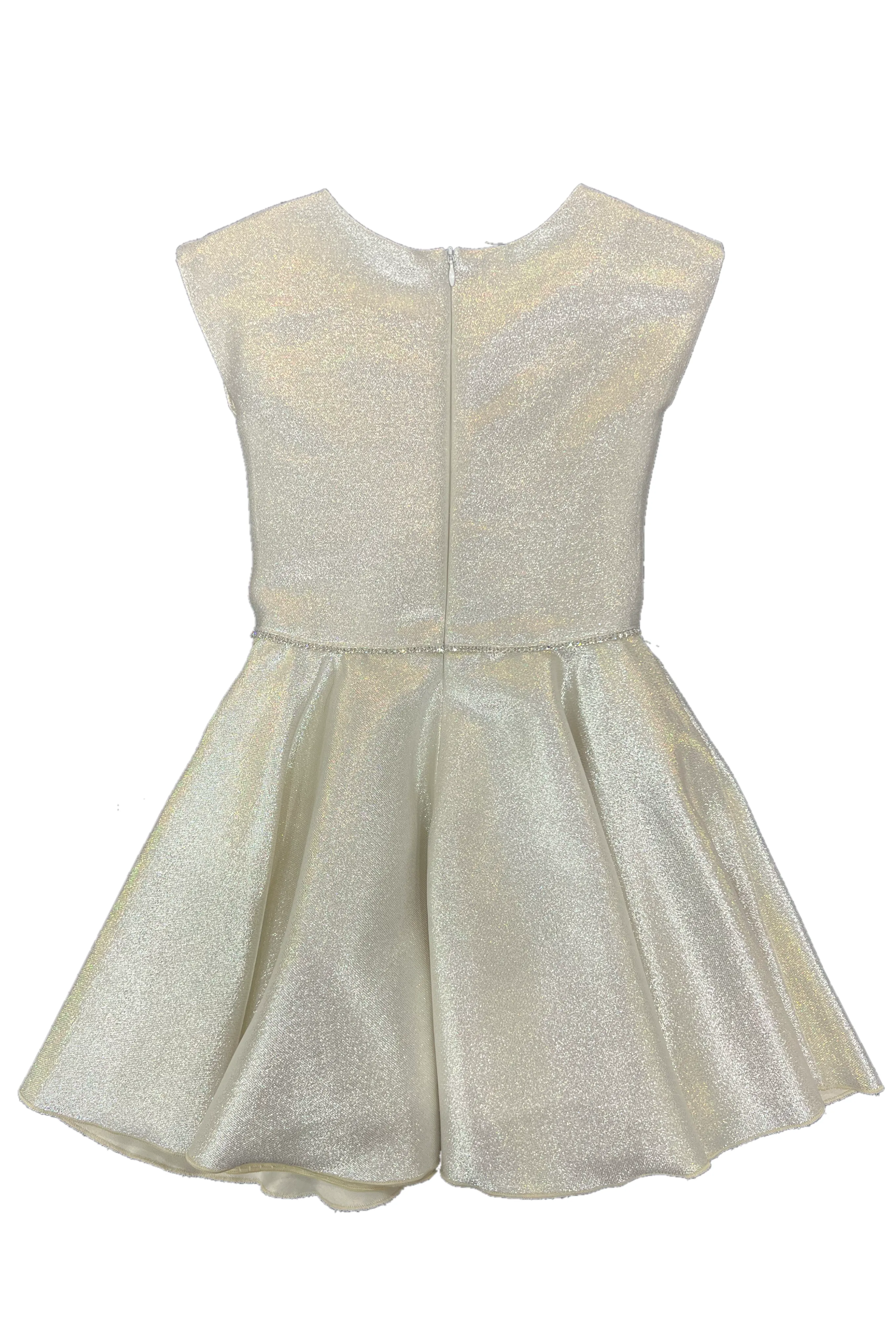 Platinum cap sleeve skater dress in jacquard fabric.