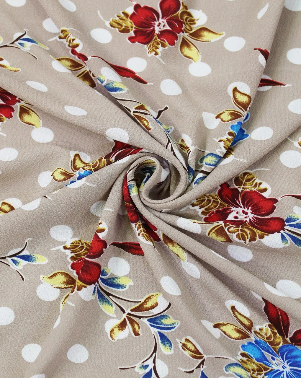 Polyester bubble crepe fabric in dark cream with multicolor floral print