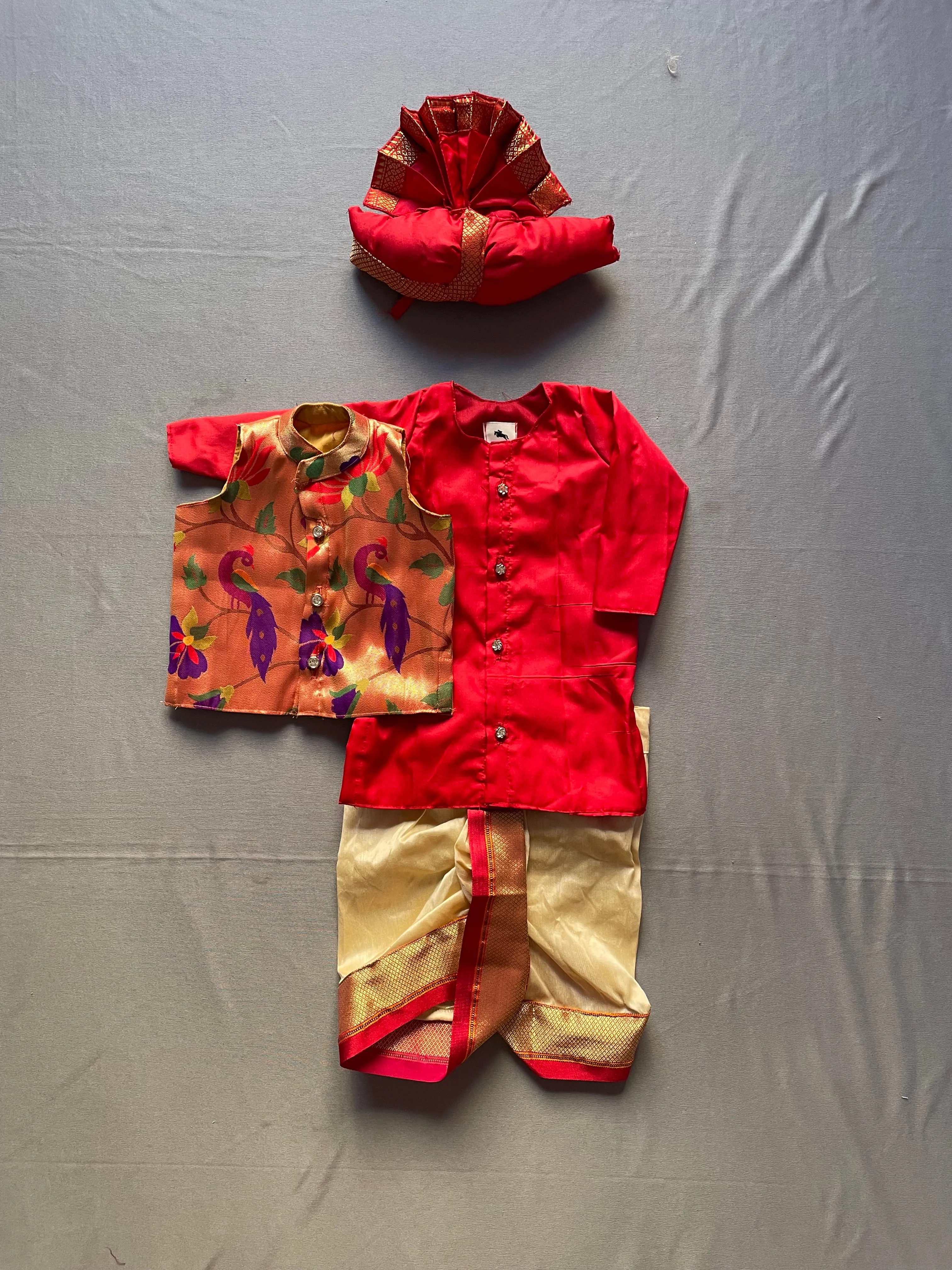 Premium Red Paithani Kurta with Cream Dhoti and Jacket Set for Baby Boy with Pheta - Shop Now