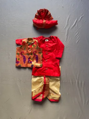 Premium Red Paithani Kurta with Cream Dhoti and Jacket Set for Baby Boy with Pheta - Shop Now