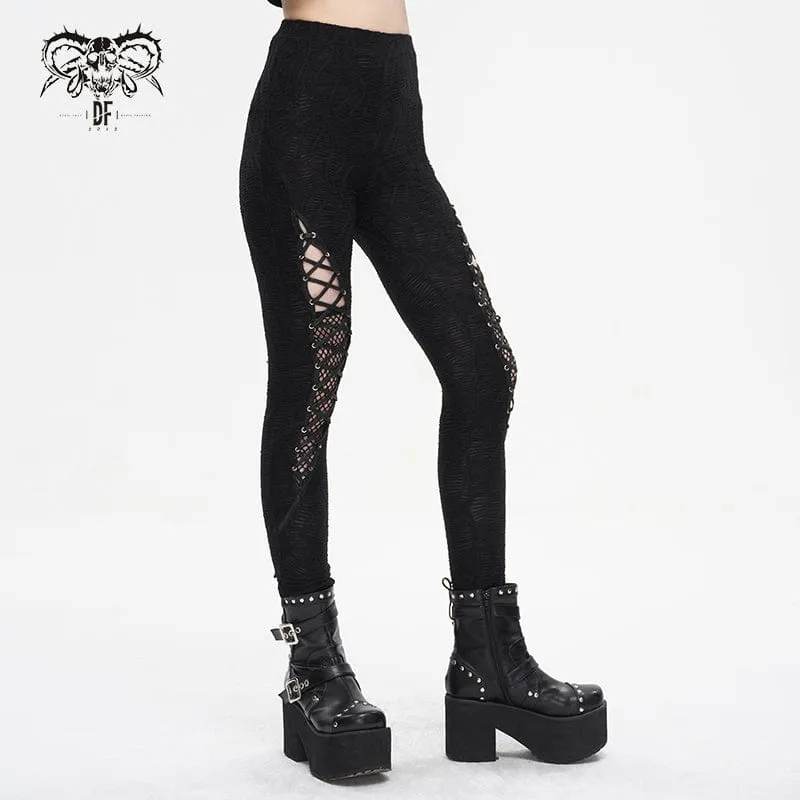 Punk Mesh Strappy Leggings Women's Ruched Splice.