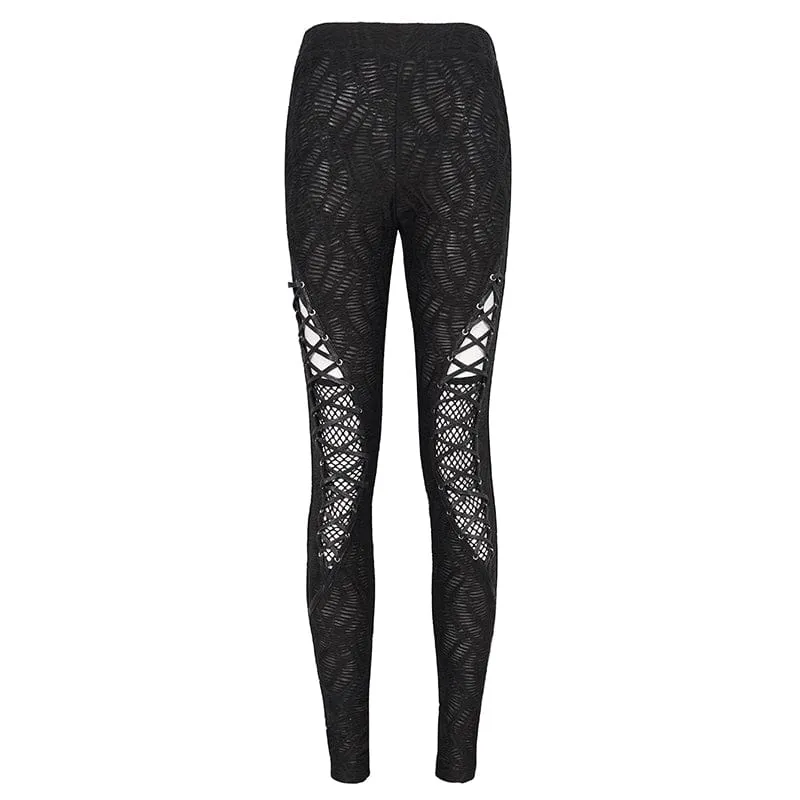 Punk Mesh Strappy Leggings Women's Ruched Splice.