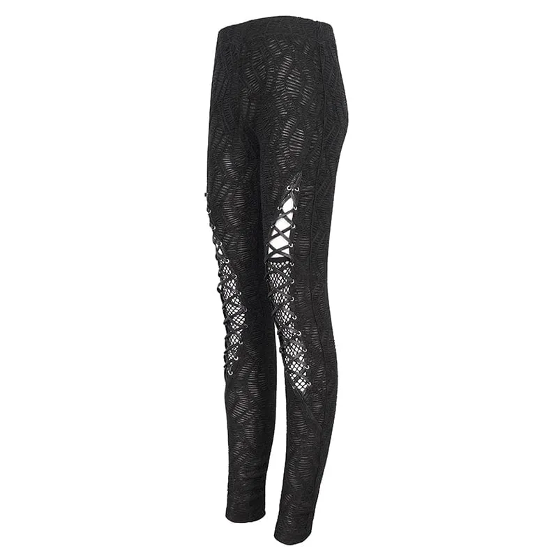 Punk Mesh Strappy Leggings Women's Ruched Splice.