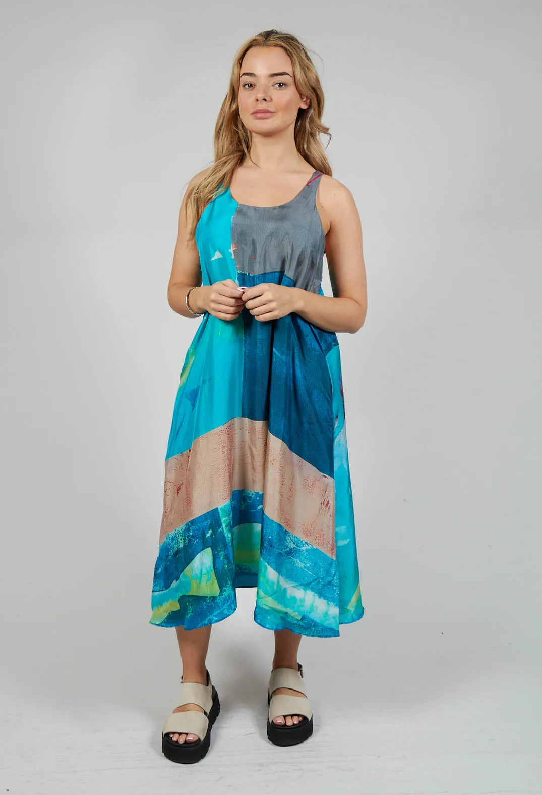 Racer Back Silk Dress with Vibrant Blue Print