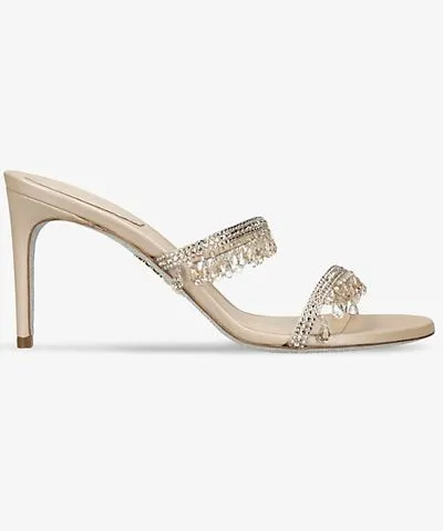 Rene Caovilla Beige Crystal Satin Heeled Sandals