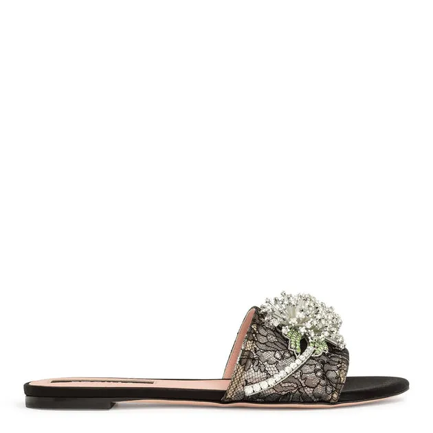 Rochas Black lace crystal embellished flat sandals