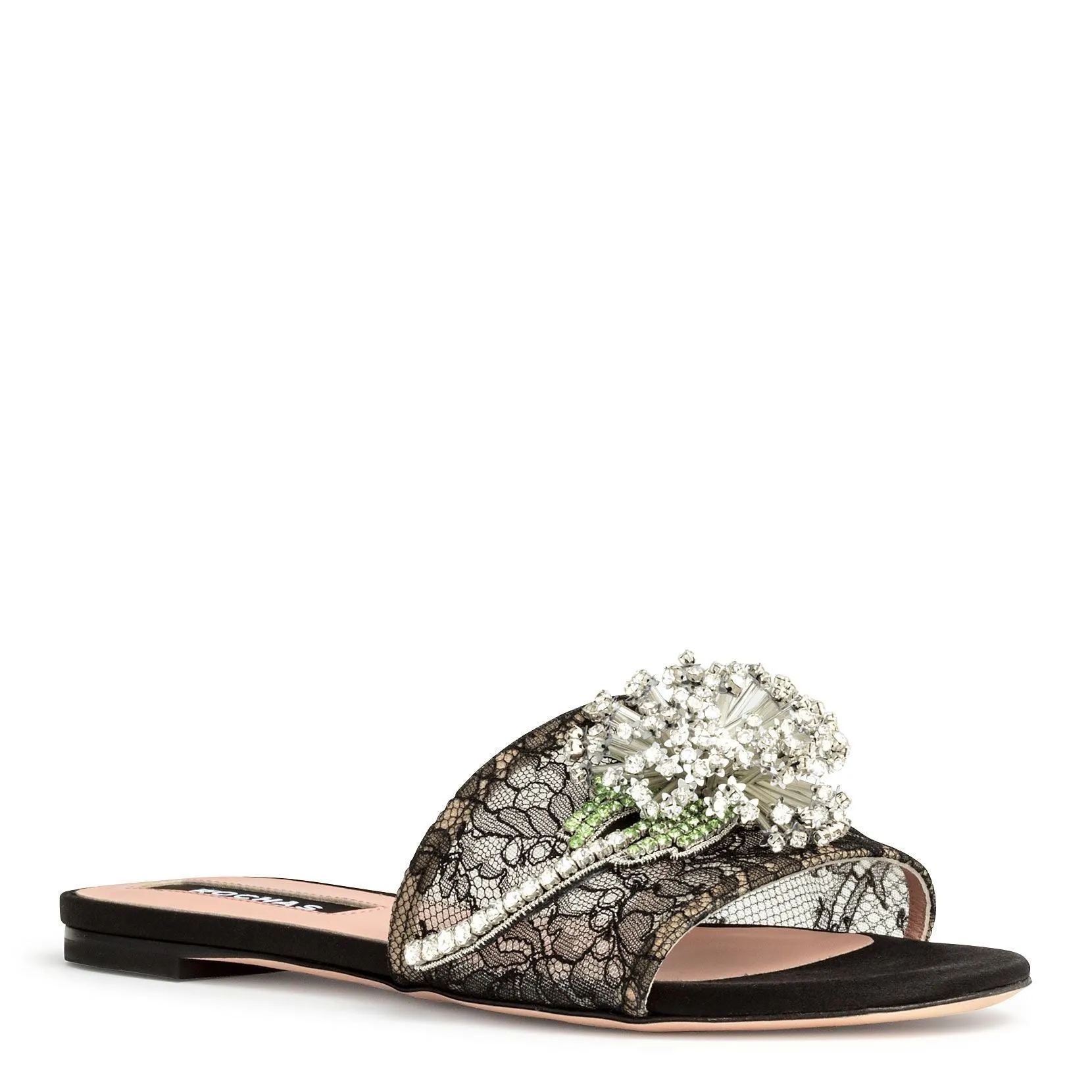 Rochas Black lace crystal embellished flat sandals