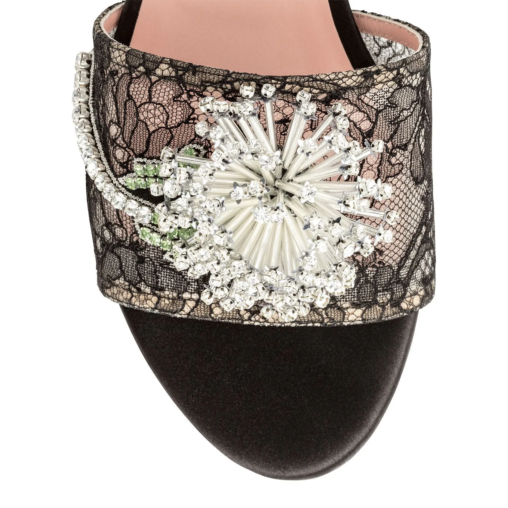 Rochas Black lace crystal embellished flat sandals