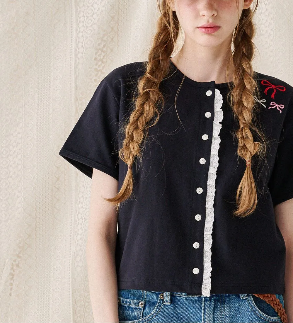 RONRON Casual Style Bi-color Short Sleeves Lace Street Style