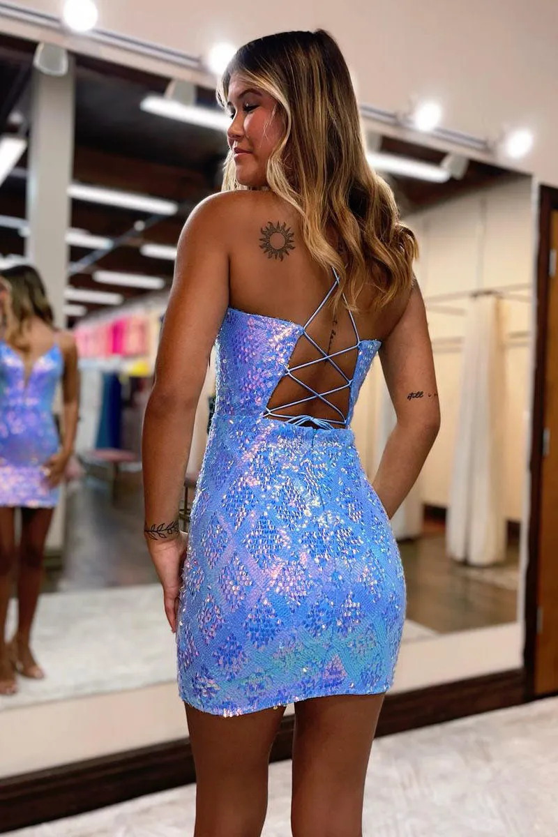 Sexy Deep V-neck Sequined Short Homecoming Dress Tight QH2396