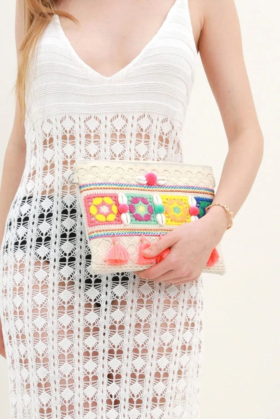 Shell and Tassel Multicoloured Boho Clutch Bag