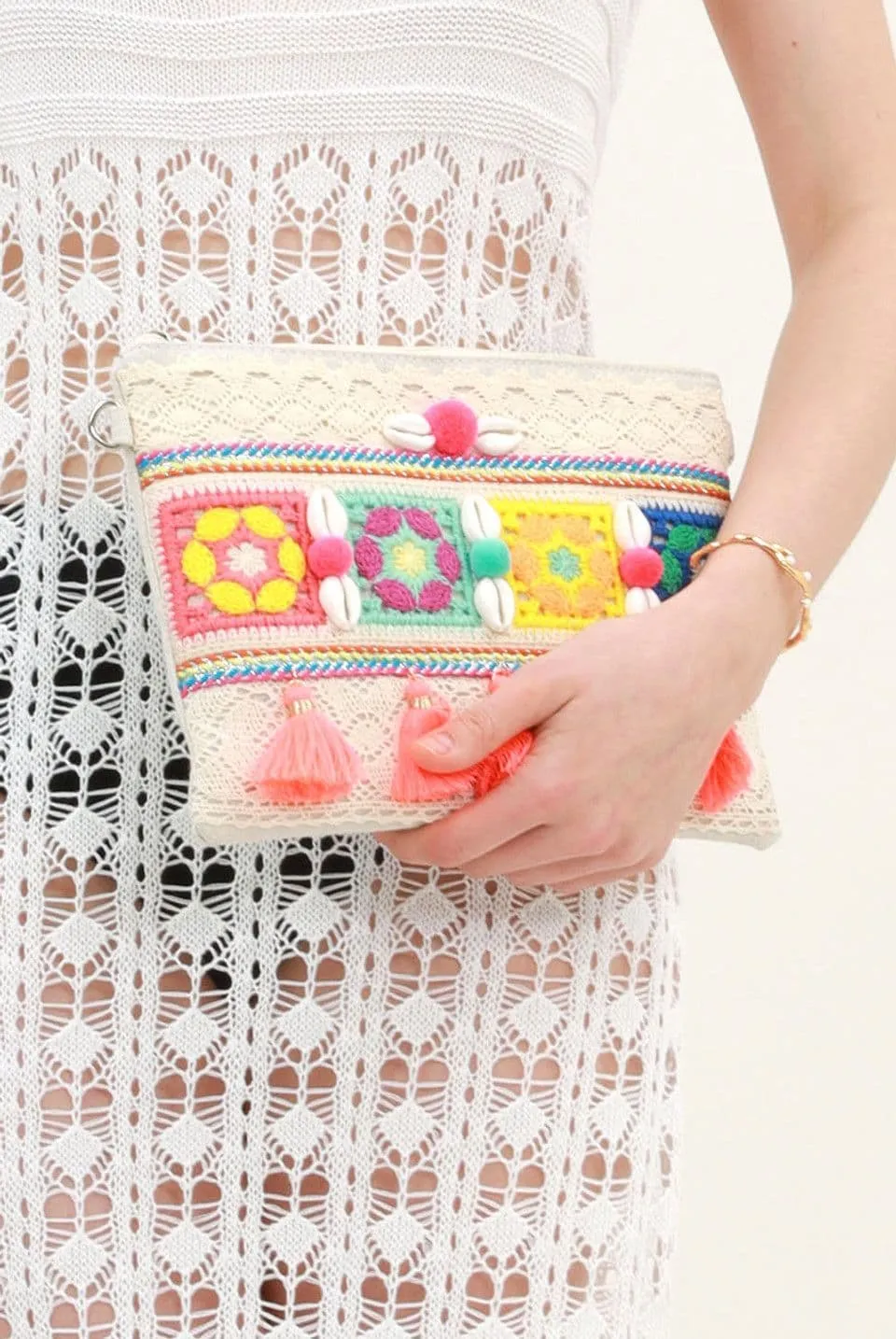 Shell and Tassel Multicoloured Boho Clutch Bag