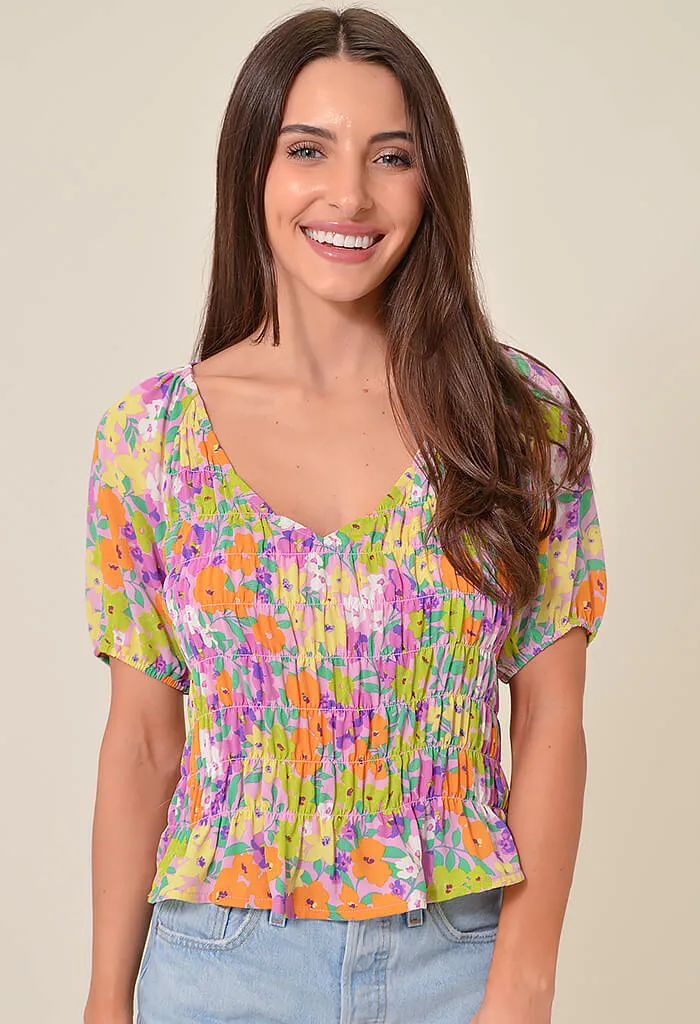 Smocked V-Neck Top - Garden-Fresh