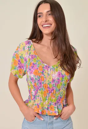 Smocked V-Neck Top - Garden-Fresh