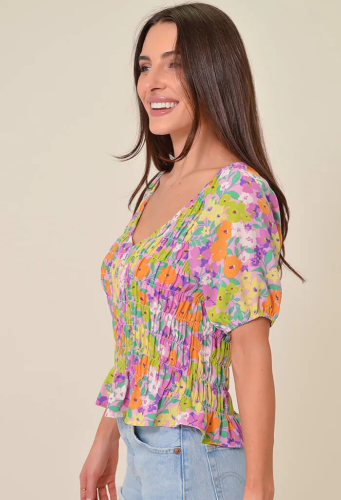 Smocked V-Neck Top - Garden-Fresh