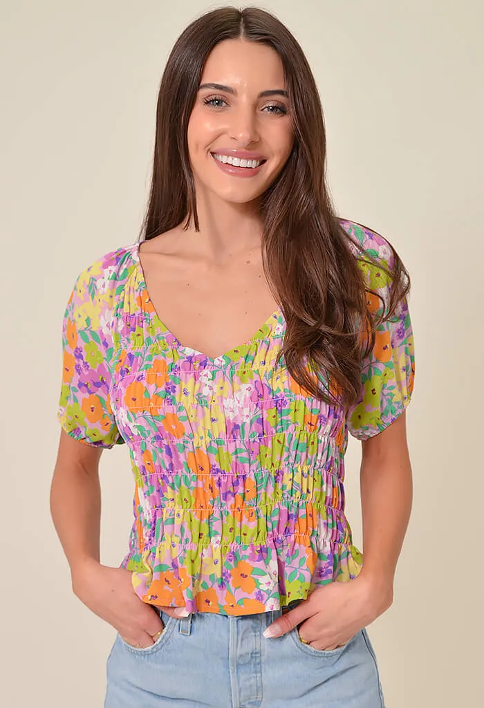 Smocked V-Neck Top - Garden-Fresh