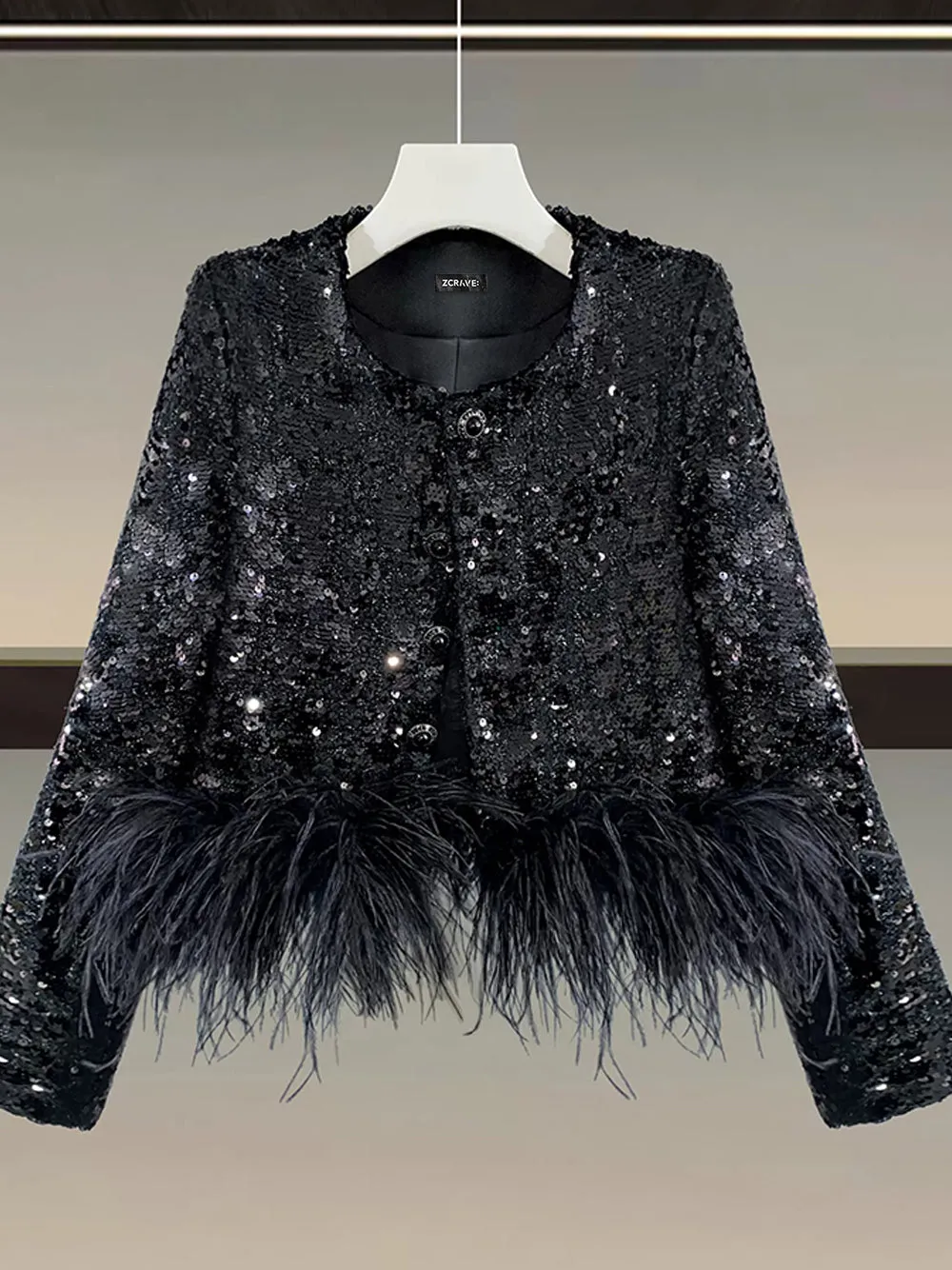 Sparkling Sequins and Feather Jacket by RELLE