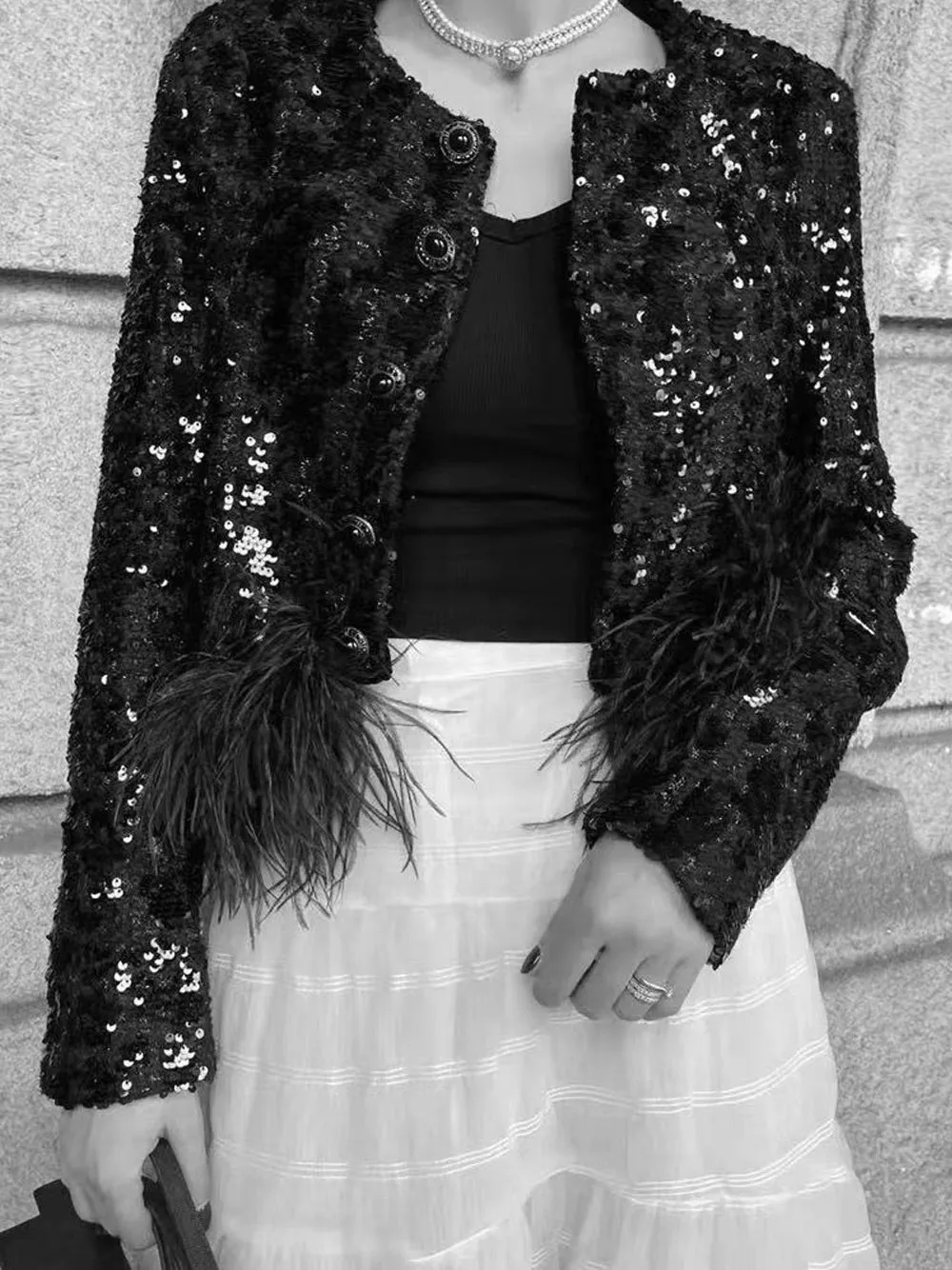 Sparkling Sequins and Feather Jacket by RELLE