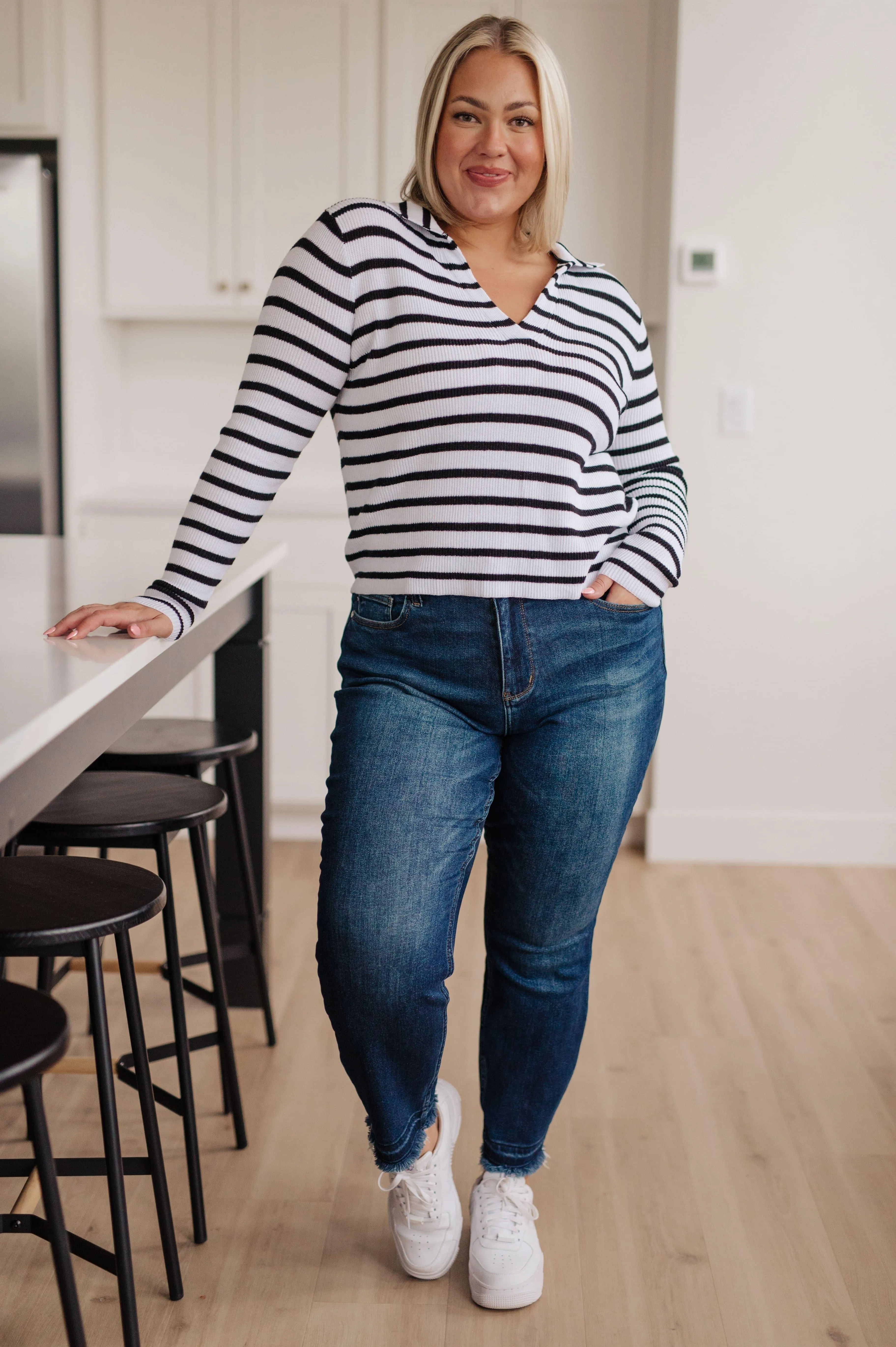 Striped V-Neck Sweater for Self Improvement