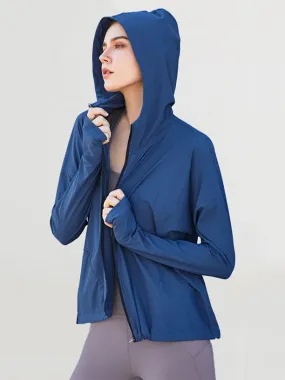 Sun-protective outerwear with hood and long sleeves for sports and activewear.